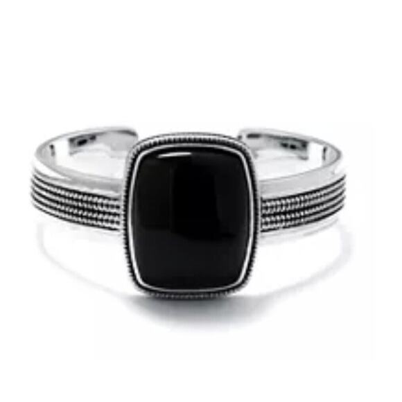 Infinity Silver Jewelry - Sterling Silver, Rope-Edge, Bezel Set Black Chalcedony, Wide Cuff Bracelet 7"